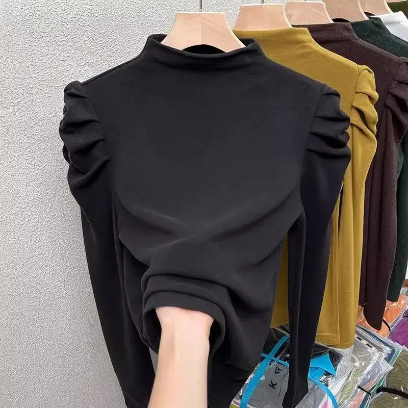 Half Height Collar Solid Color Pleated Bottoming Shirt Female Autumn Winter Slim All-match Interior Lapping Top Tee T-Shirts