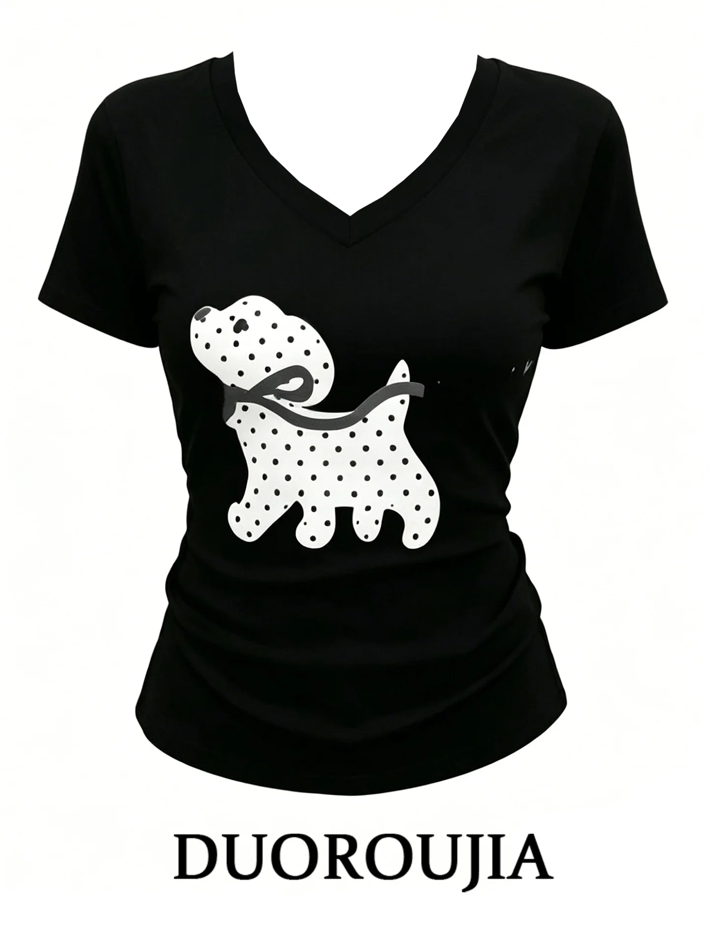 

DUOR plus Size Korean Style V-Neck Short Sleeve T-Shirt Women's Summer Casual Slimming Top Black Dog Print Breathable Skin-Fr...