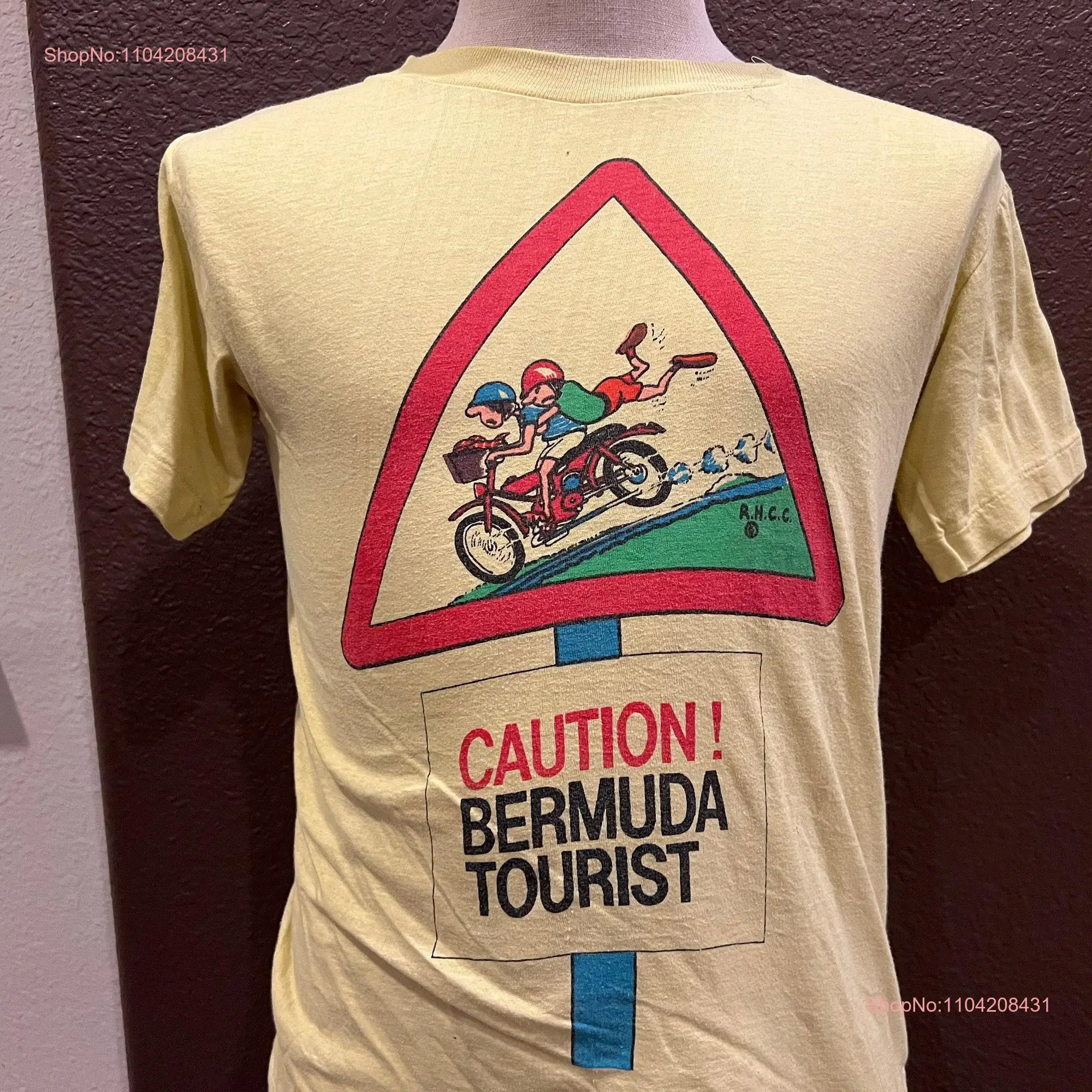 Vintage 80's Caution Bermuda Tourist Yellow T Shirt Size S long or short sleeves