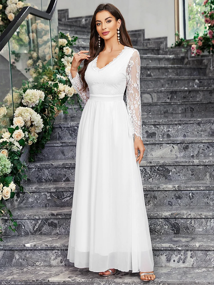 Ladies Elegant Floral Lace Panel White Dress A Line High Waist Large Swing Prom Dresses Women Evening Party Wedding Long Dresses