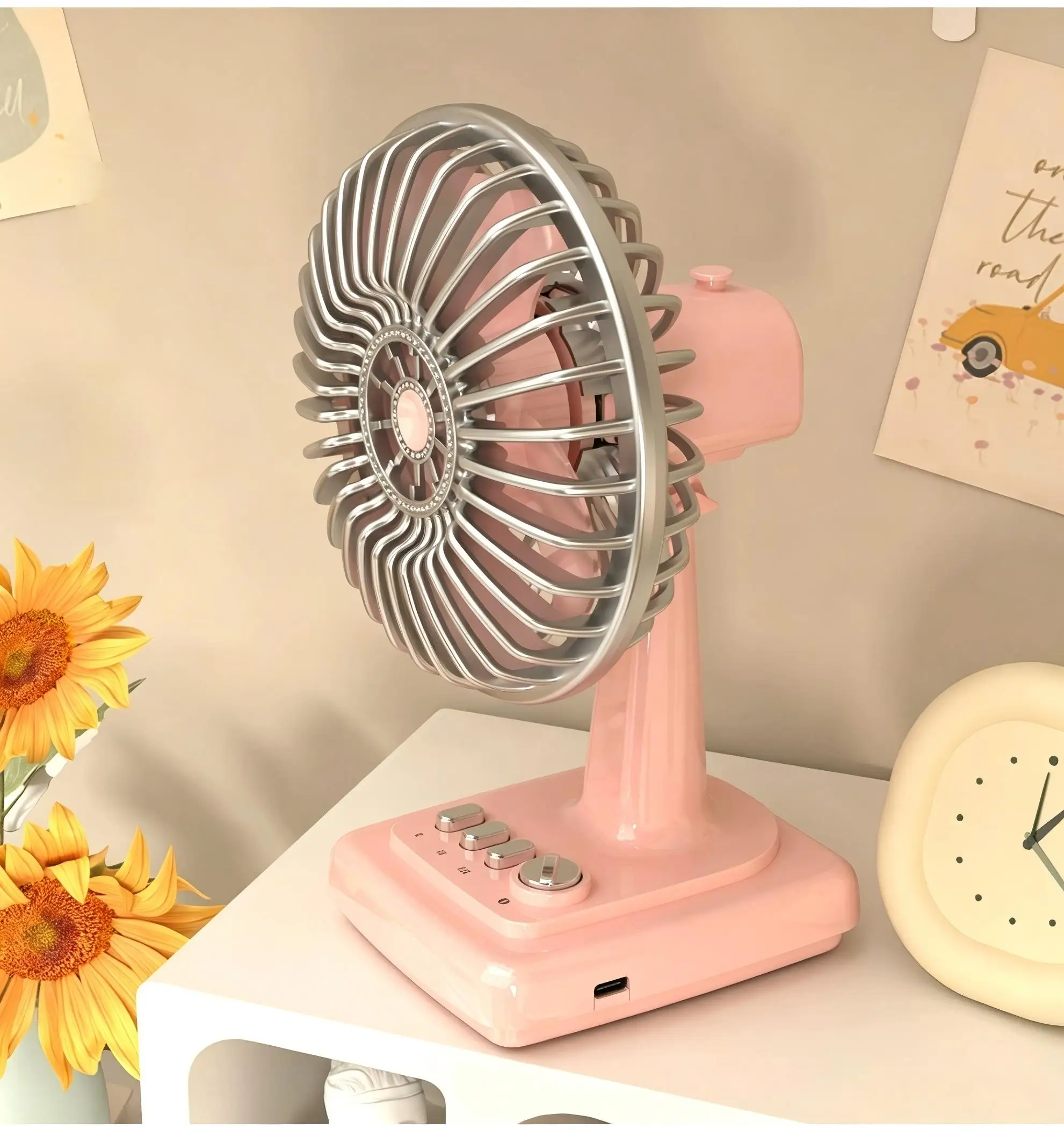 Retro Alloy Desktop Fan 3 Speeds USB Charging Portable Small Fan for Students Dormitory Home Office Desk Use image 4