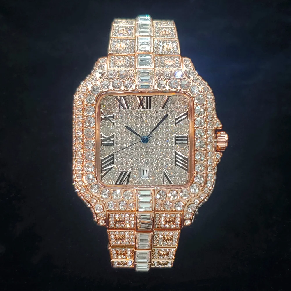 Luxury Diamond Watch for Men Hip Hop Style Bling Bling Iced Out Wristwatch Fashion Square Stainless Steel Waterproof Clock 2024