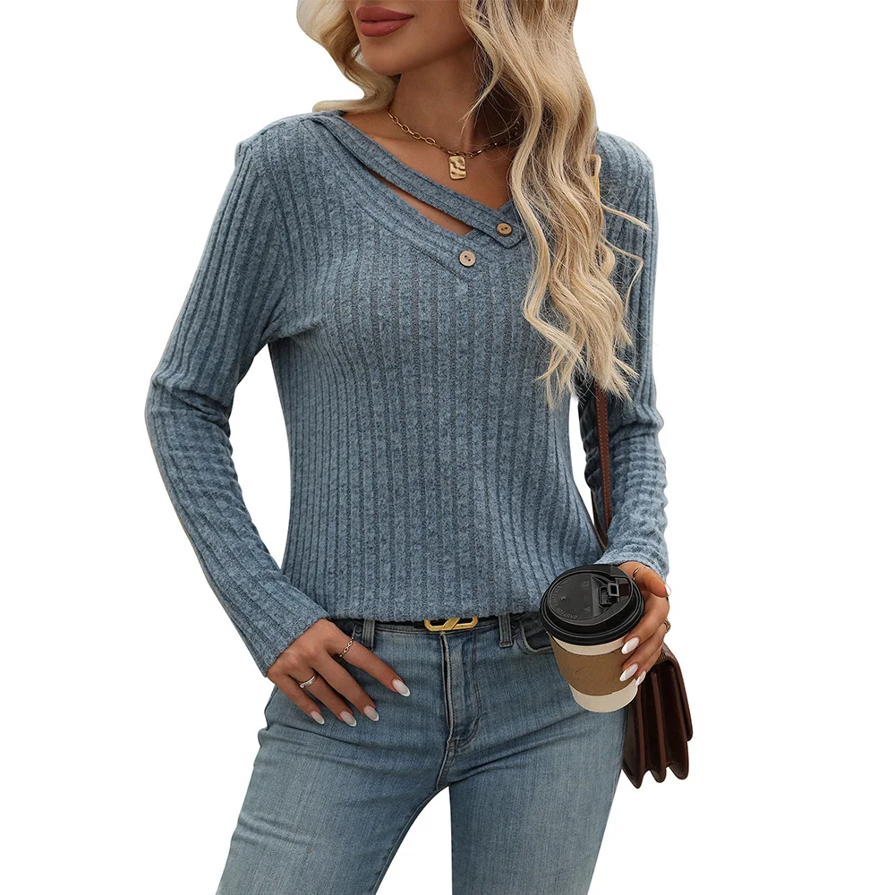 New Fashion V-neck Buttons Tops Womens Autumn Winter Casual Long Sleeve T-shirts Ladies Solid Color Basic Knitted Tees