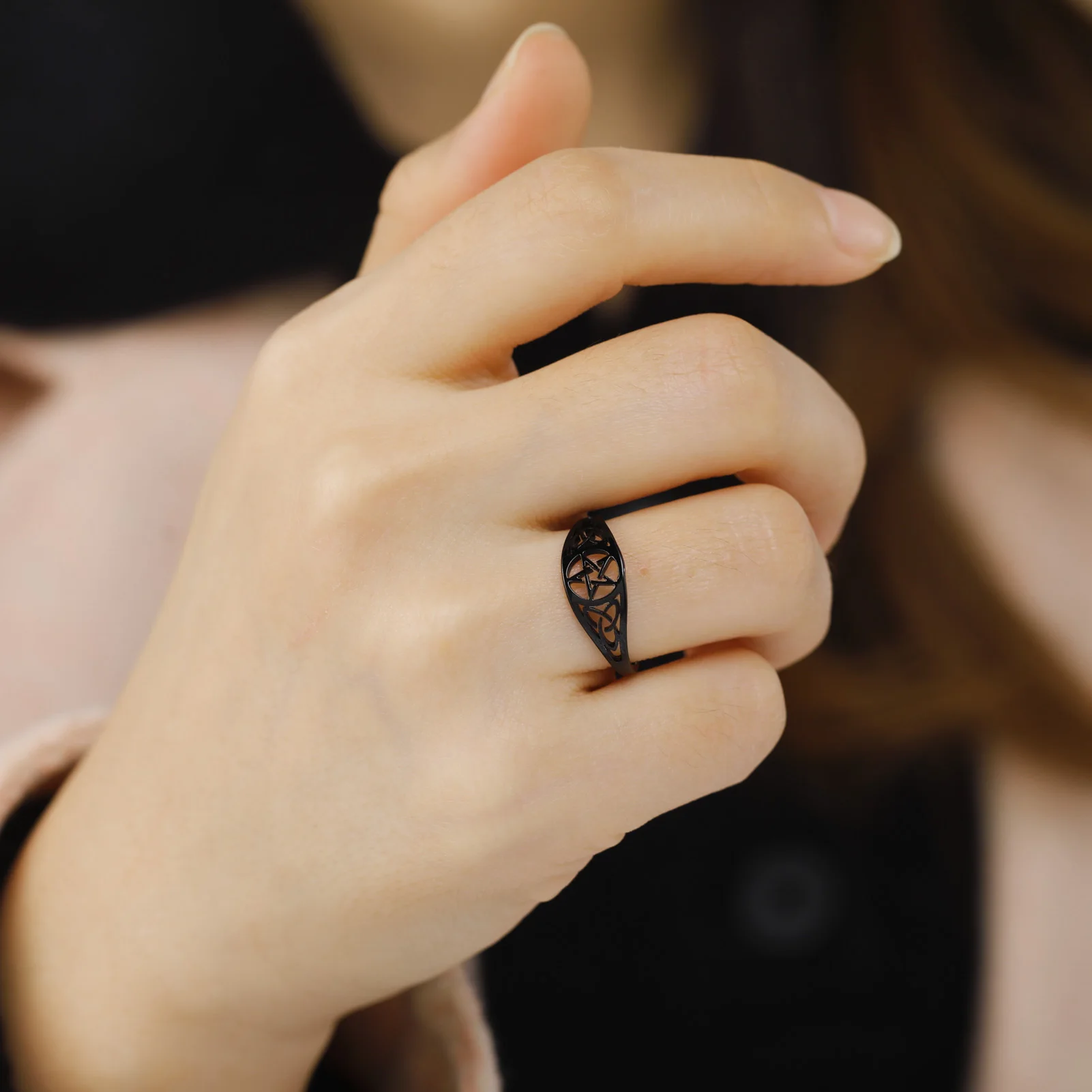 LIKGREAT Gothic Celtics Knot Pentagram Ring Women Men Stainless Steel Supernatural Wicca Amulet Rings Couple Witch Jewelry Gifts
