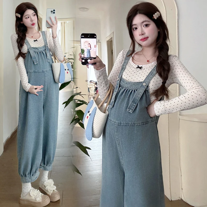 2025 Spring Maternity Wear Korean Style Casual Denim Overalls Sweet Loose Wide Leg Jogger Cropped Jumpsuits Jeans for Pregnancy