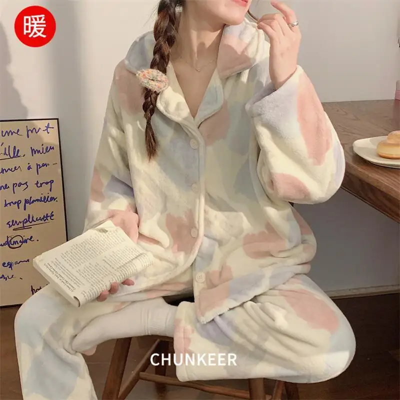 

Women's Pajama Set Girl Winter Homewear Flannel Pajamas Set Women Fleece Cartoon Princess Plush Thick Winter Loungewear Home