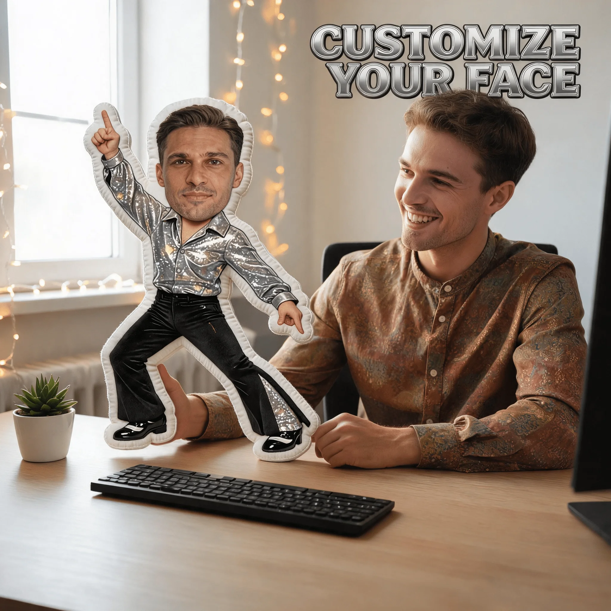 Custom Photo Shaped Pillow, Personalized Face with Silver Sequin Disco Outfit Custom Picture Decorative Cushion, Unique Funny Ho
