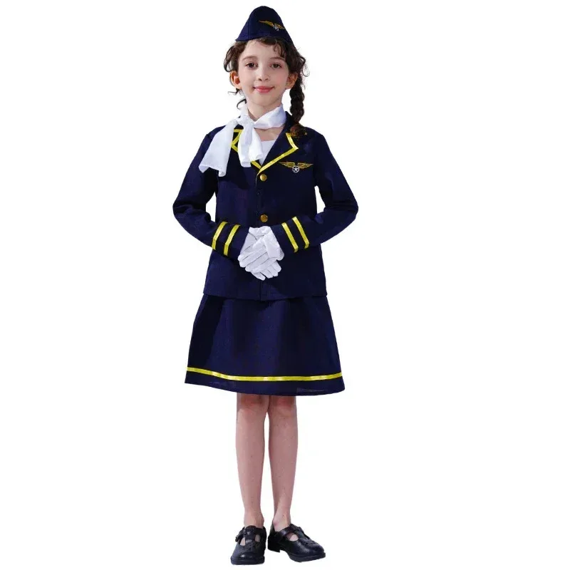 

Stewardess Pilot Woman Girl'S Flight Attendant Dress Fancy Party Kids Air Hostess Costume Cosplay Blue For Hallo MN5