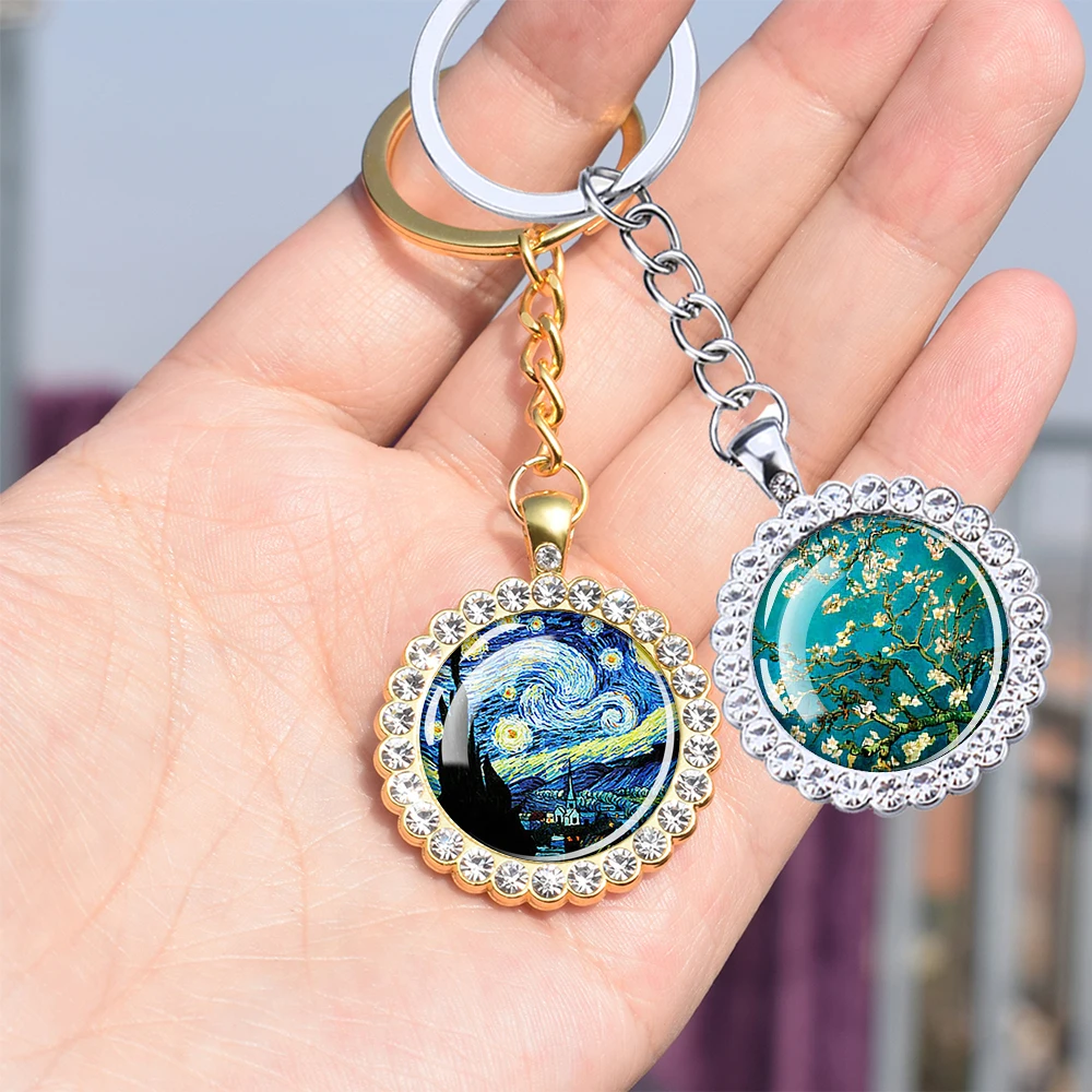 Van Gogh Oil Painting Keychains Starry Night Rhone Rive Sunflower Almond Blossom Rhinestone Key Chains Art Jewelry Keyring Gifts