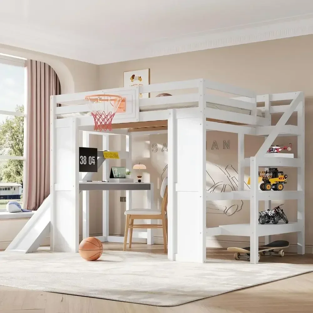 Full Size Loft Bed with Desk and Basketball Hoop for Boys, High Loft Bed with Slide and Stairs for Kids and Teens, Space-Saving,