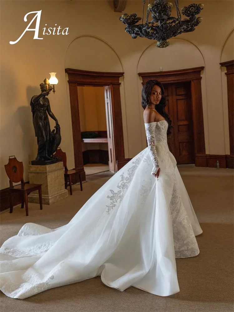 Customized Off Shoulder White 2026 Satin Appliques Long Sleeves Mermaid Wedding Zipper Back Floor Length Sweep Train Gown