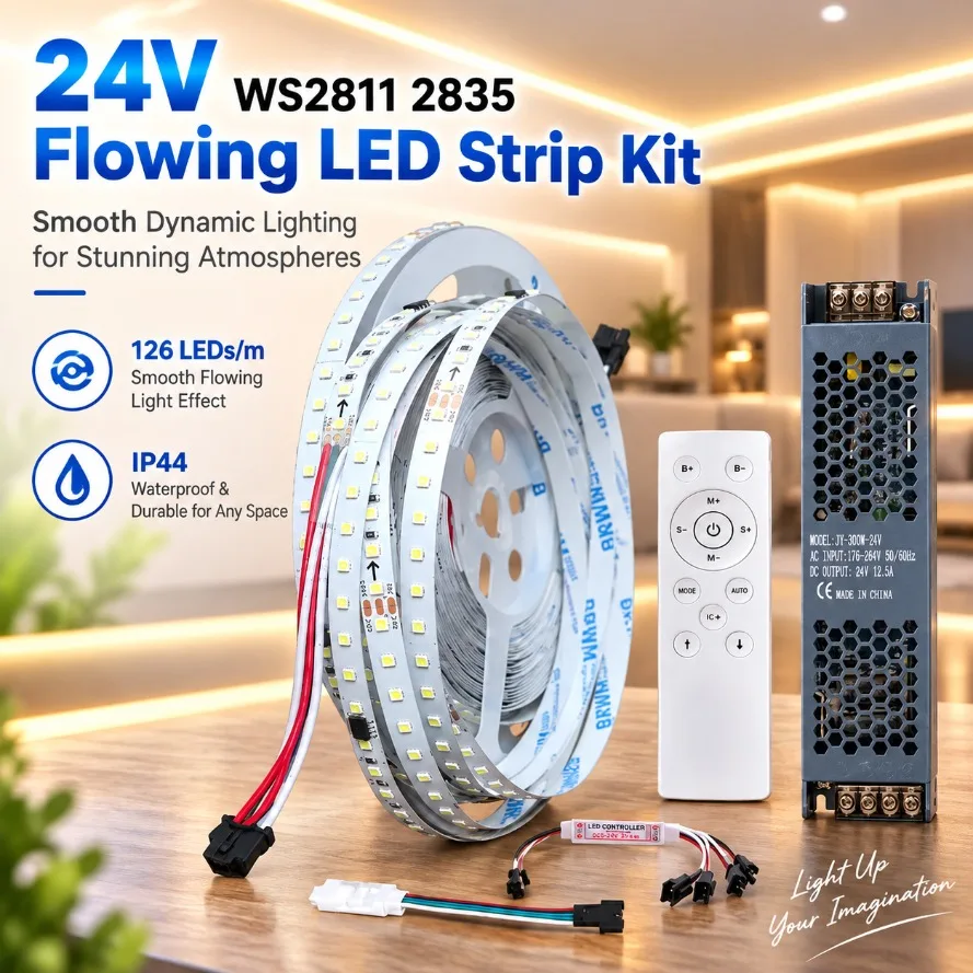10m-40m DC24V WS2811 SMD2835 Running Water LED Strip 126LEDs/m Flowing Flexible Lamp Ribbon with 12Keys RF Remote Controller Kit