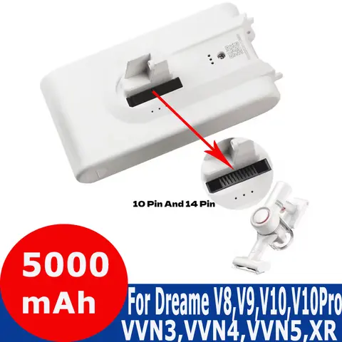 진공 청소기 교체 예비 배터리, 샤오미 Dreame V8,V9,V10,V10Pro,VVN3,VVN4,VVN5,XR 리튬 이온 배터리용, 5000mAh