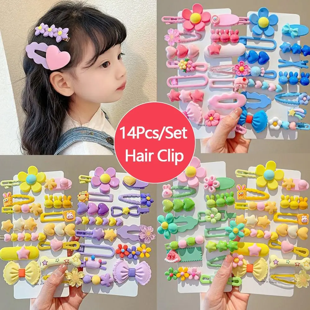 14Pcs/Set Durable Cute Hair Clip Bows Rabbit Barrettes Lovely Heart Shaped Headdress for Children