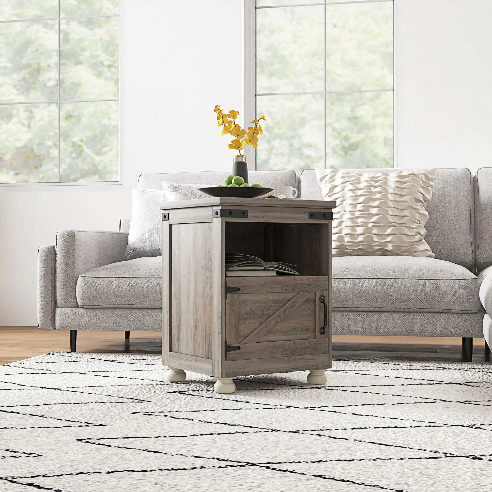 

Homcom Farmhouse Side Table, End Table with Open Shelf and Cupboard, Gray