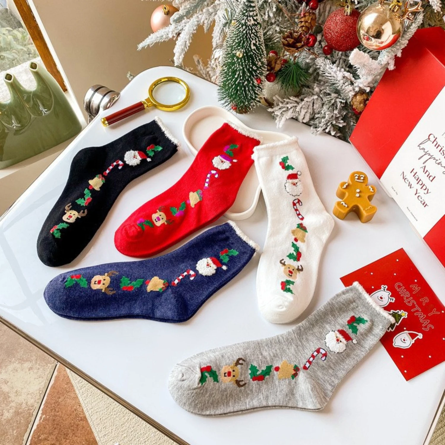 2/3/5/10 pairs of multifunctional warm socks, suitable for autumn and winter, Christmas patterns, Santa Claus,bells,and candies.