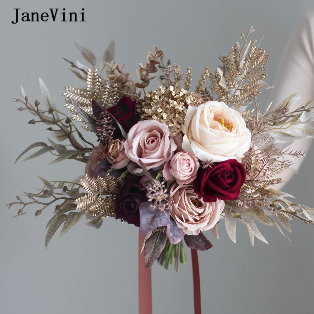 

JaneVini Vintage Autumn European Bridal Wedding Bouquets Artificial Silk Roses Flowers 2023 Fake Bouquet Accessories for Bride