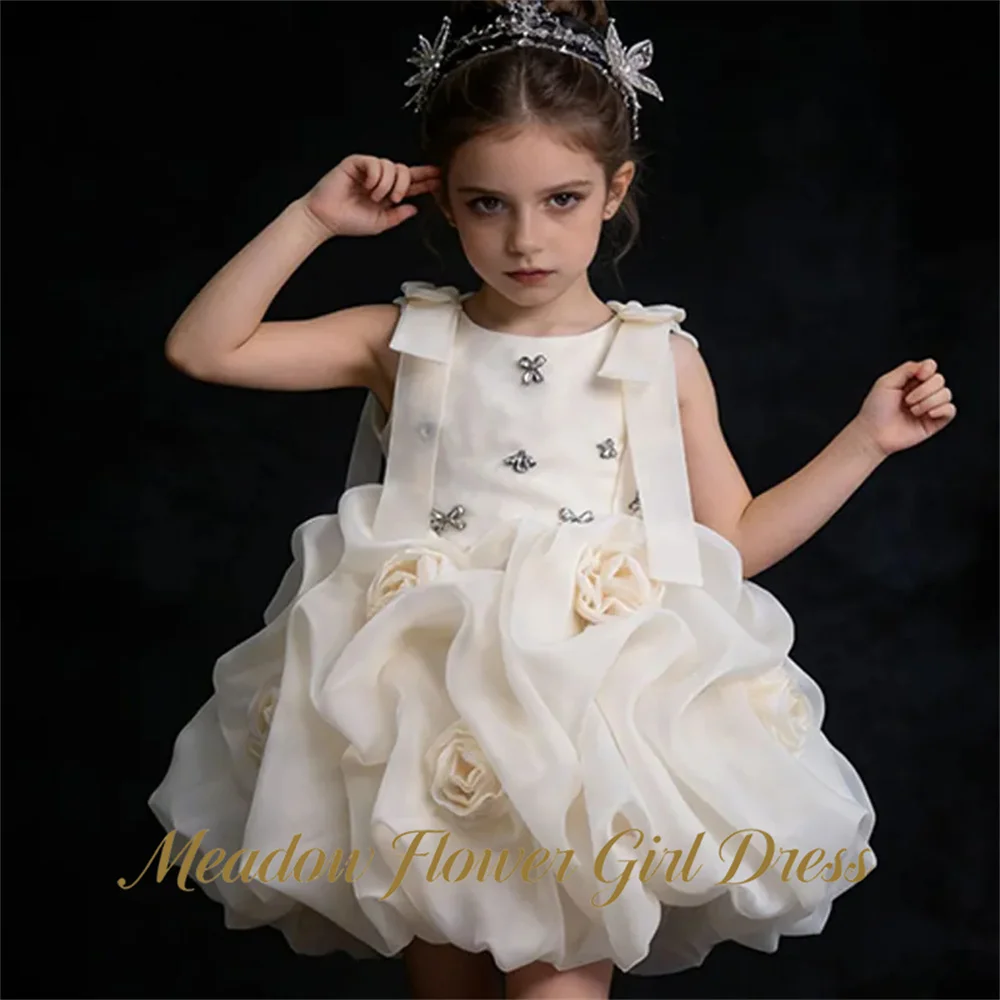 Meadow Cream White First Communion Gown Round Neck Sleeveless Girls Princess Dress Silver Bow Evening Party Dress for Girls