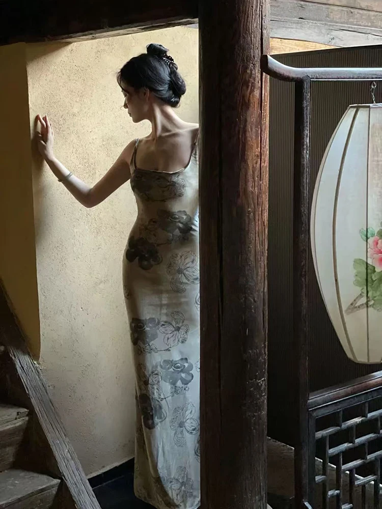 Sukienka midi w stylu retro z motywem malarstwa tuszem dla kobiet, koreańska elegancka aksamitna sukienka na ramiączkach, seksowna letnia sukienka Y2K z odkrytymi plecami i dekoltem w serek, nowe Vestidos