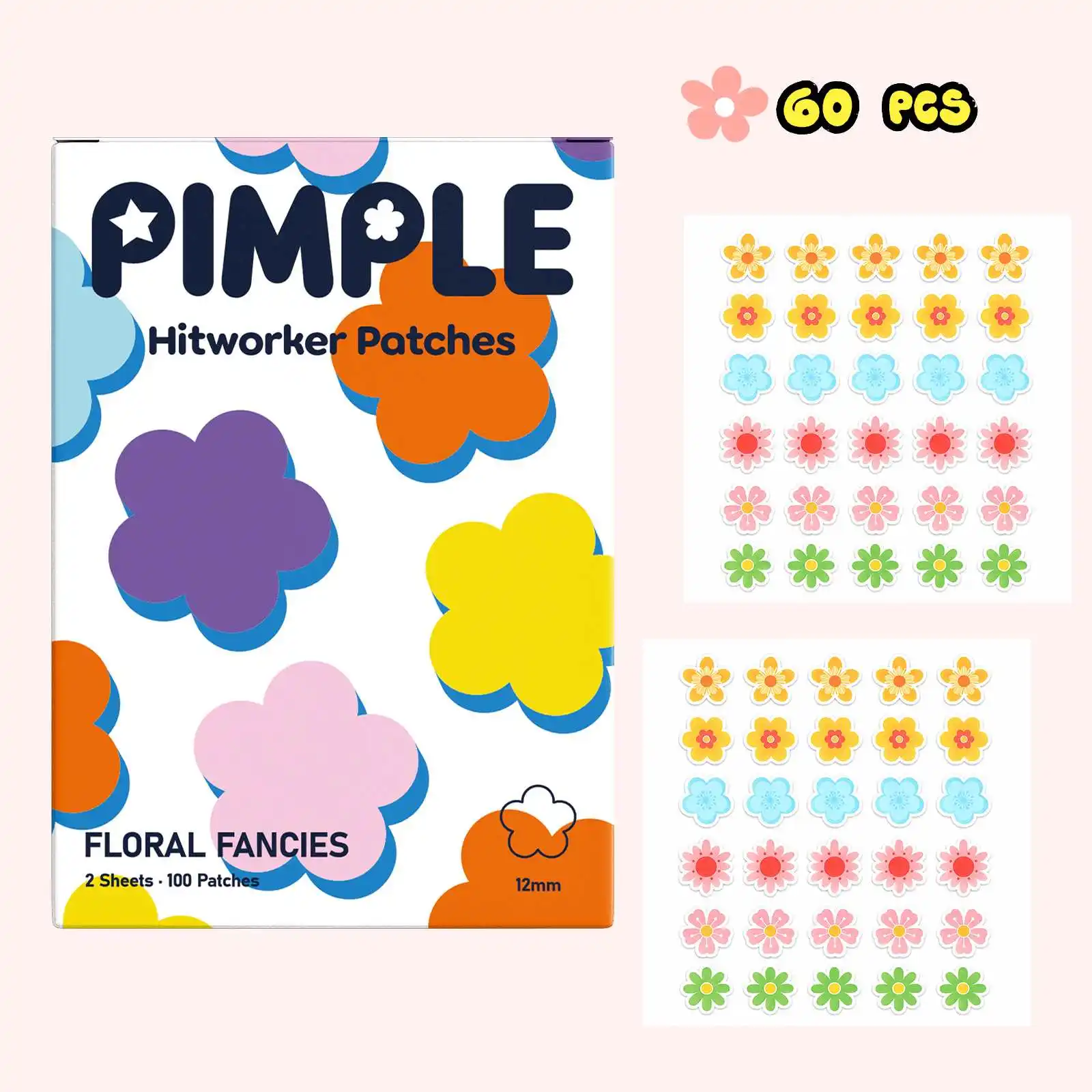 60PCS Cute Floral Pimple Patches for Face, Colorful Flower Blemish Cover Stickers, 12mm Facial Spot Patches