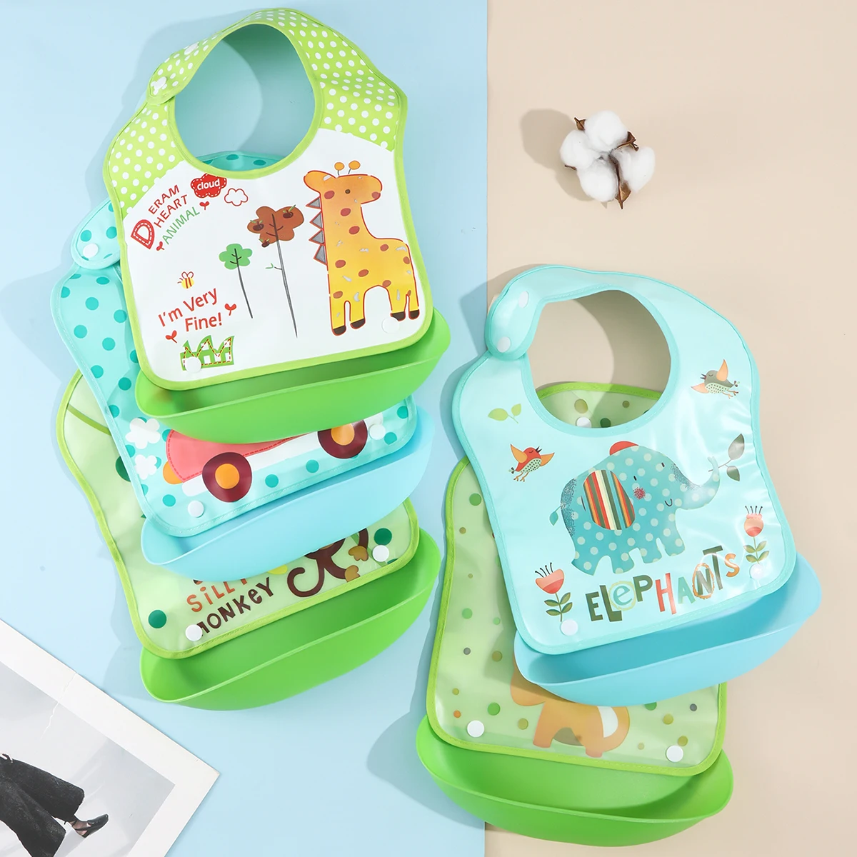 Security Cartoon Print Baby Bibs Boys Girls Bib Waterproof Soft Silicone Kids Burp Cloth Children Bib Feeding Bib with Pocket