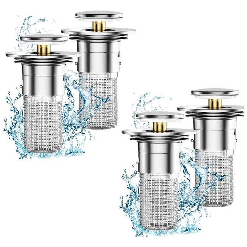 4Pcs Bathroom Sink Stopper For 1.1-1.29 Inch, Popup Sink Drain Filter With Removable Stainless Steel Filter Basket