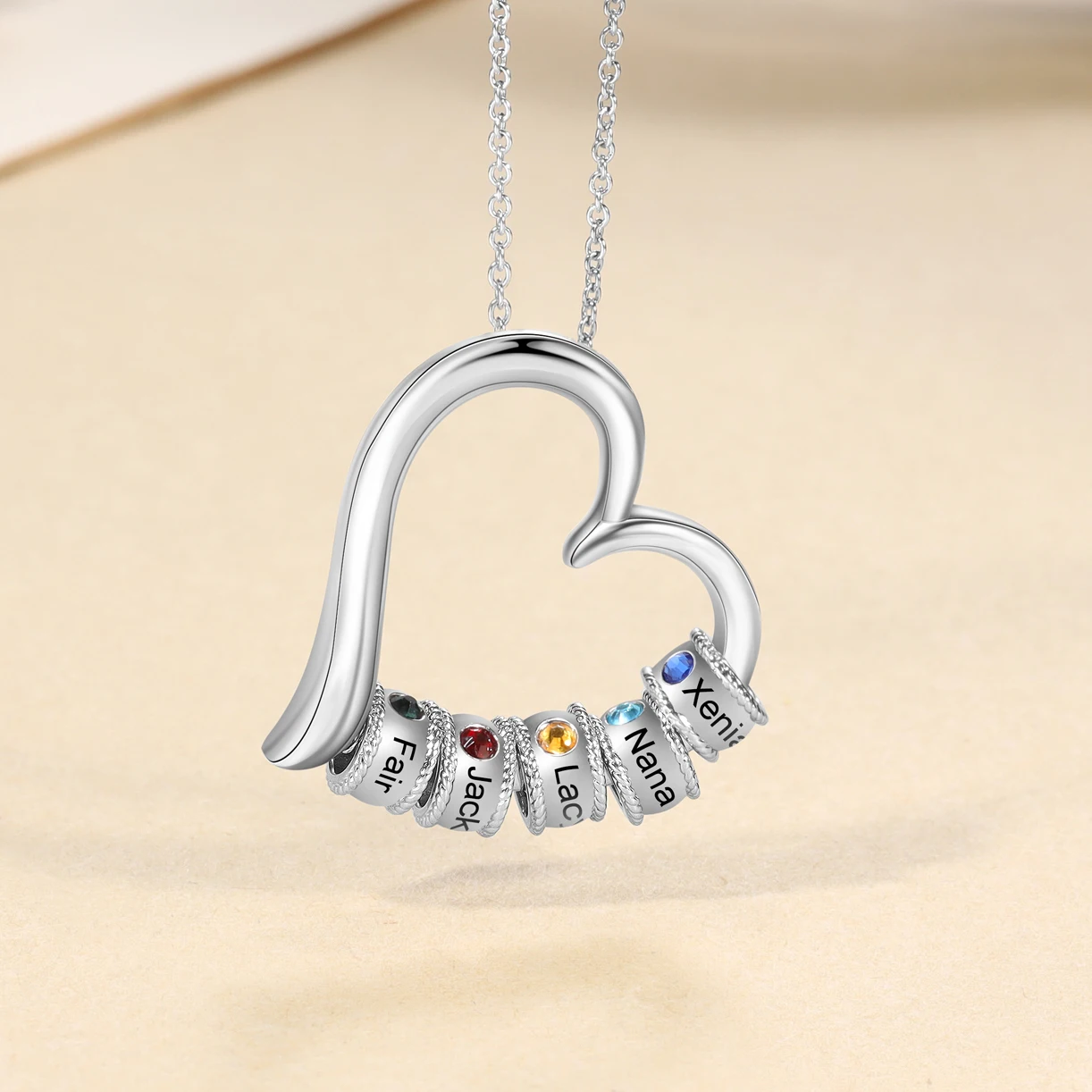 Personalized Name & birthstone Metal Heart-shaped Pendant Necklace PVD Plate With CZ Stone Charm for Mothers Day Jewelry Gift