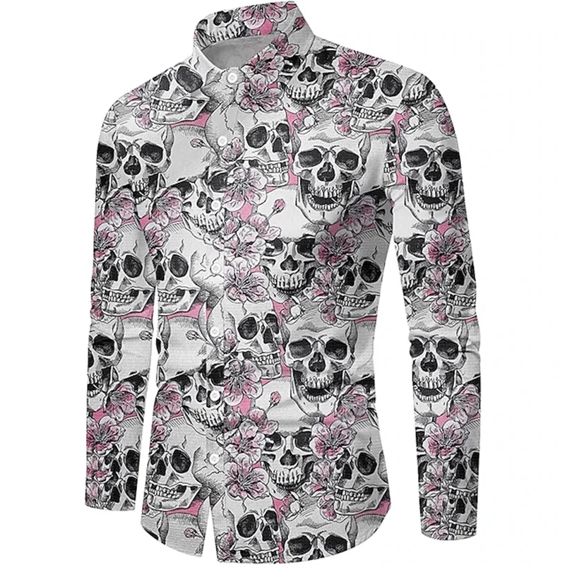 Vintage Rose Skull Graphic Shirts For Men 3D Printed Goth Skeleton Long Sleeves Shirt Men Clothing Casual Hip-hop Buttons Shirts