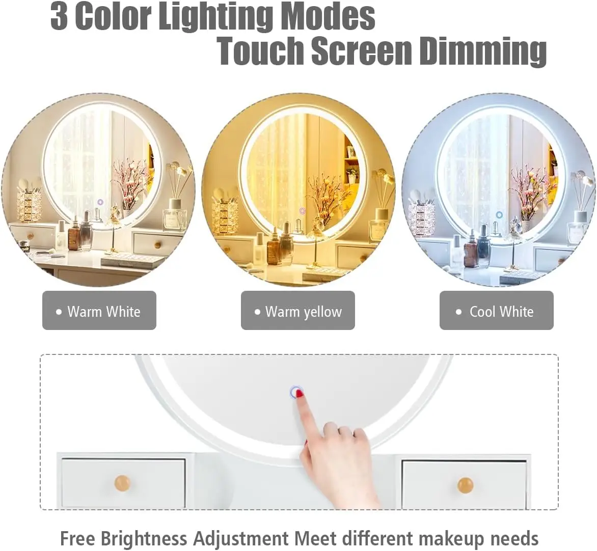 Vanity Set W/ Lighted Mirror, 3 Color Touch Screen Dimming Mirror, Adjustable Brightness, Bedroom Makeup Dressing Table 2025 NEW