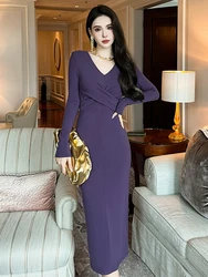 Spring Maxi Dresses for Women Casual Elegant Solid Slim Bottom Dress Long Sleeve Criss-Cross Wrap Hip Robes Female Street