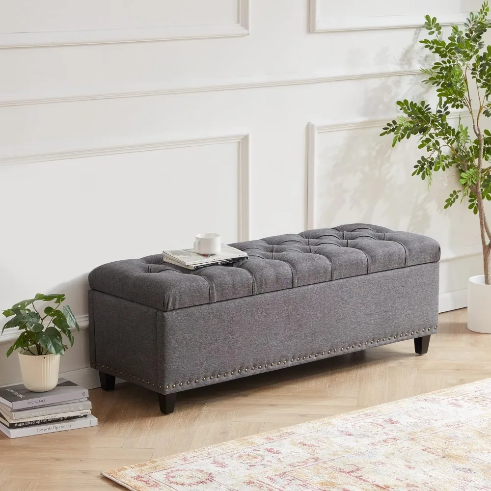 Button-Tufted Ottoman with Safety Hinge | Large Bedroom/Entryway Footstool | Tbfit 129cm (50.8