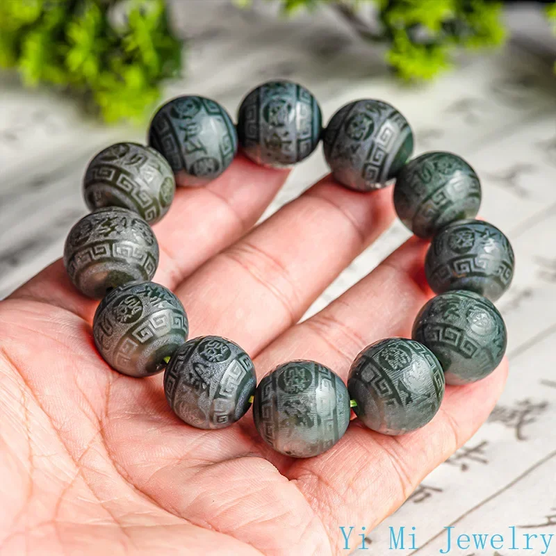 Natural Hotan Jade Ink Jade Wealth Rolling Hand String Bracelet Fashion High-end Men and Women's Jade Bracelet Tennis Bracelet
