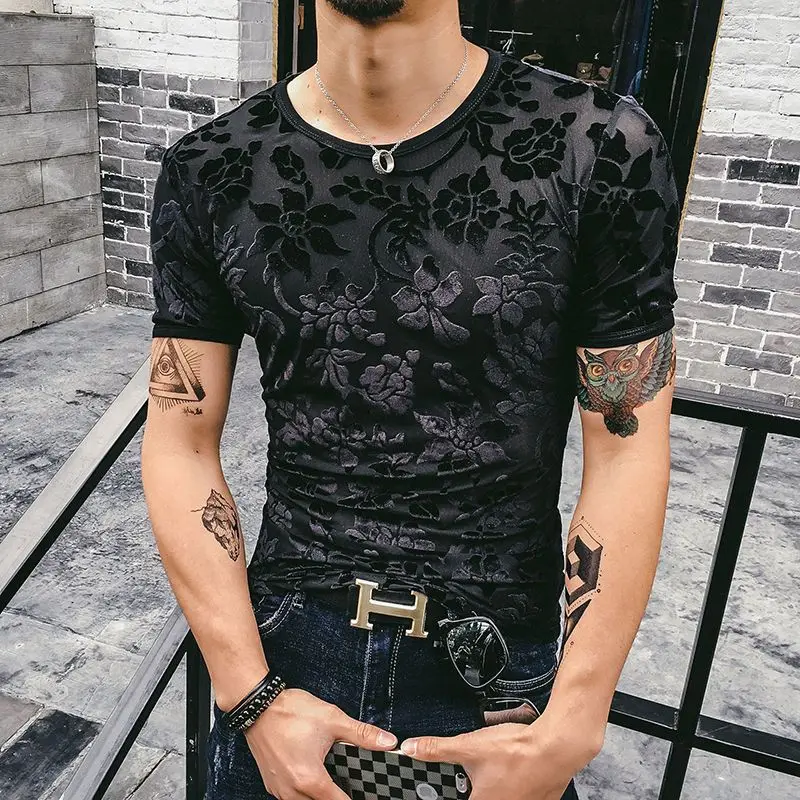 Jacquard Dragon Pattern T Shirt Homme Short Sleeve Men Clothes Summer Slim Quality Velvet Hollow Casual Tees Camisetas De Hombre