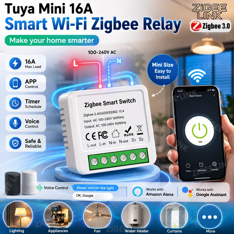 WiFi Zigbee3.0 Mini Smart Switch 2-Way Relay Breaker,Timing APP & Voice Control DIY Household Smart Home Automation Module