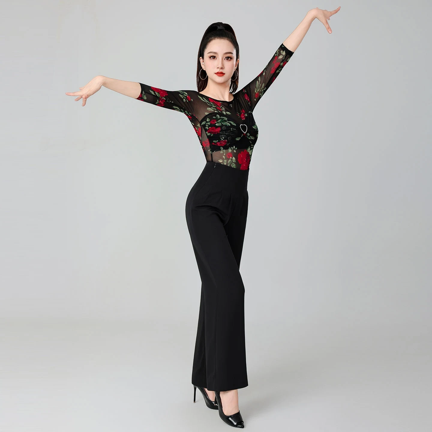 New Mesh Perspective Print Jumpsuit Ballroom Dance Modern Dance Top Women Chacha Rumba Tango Dress Latin Dance Costumes DN21159