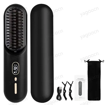 Image Lightweight Cordless Hair Straightener Brush USB Rechargeable Negative Ion Hot Comb Mini Straightening Brush for Travel