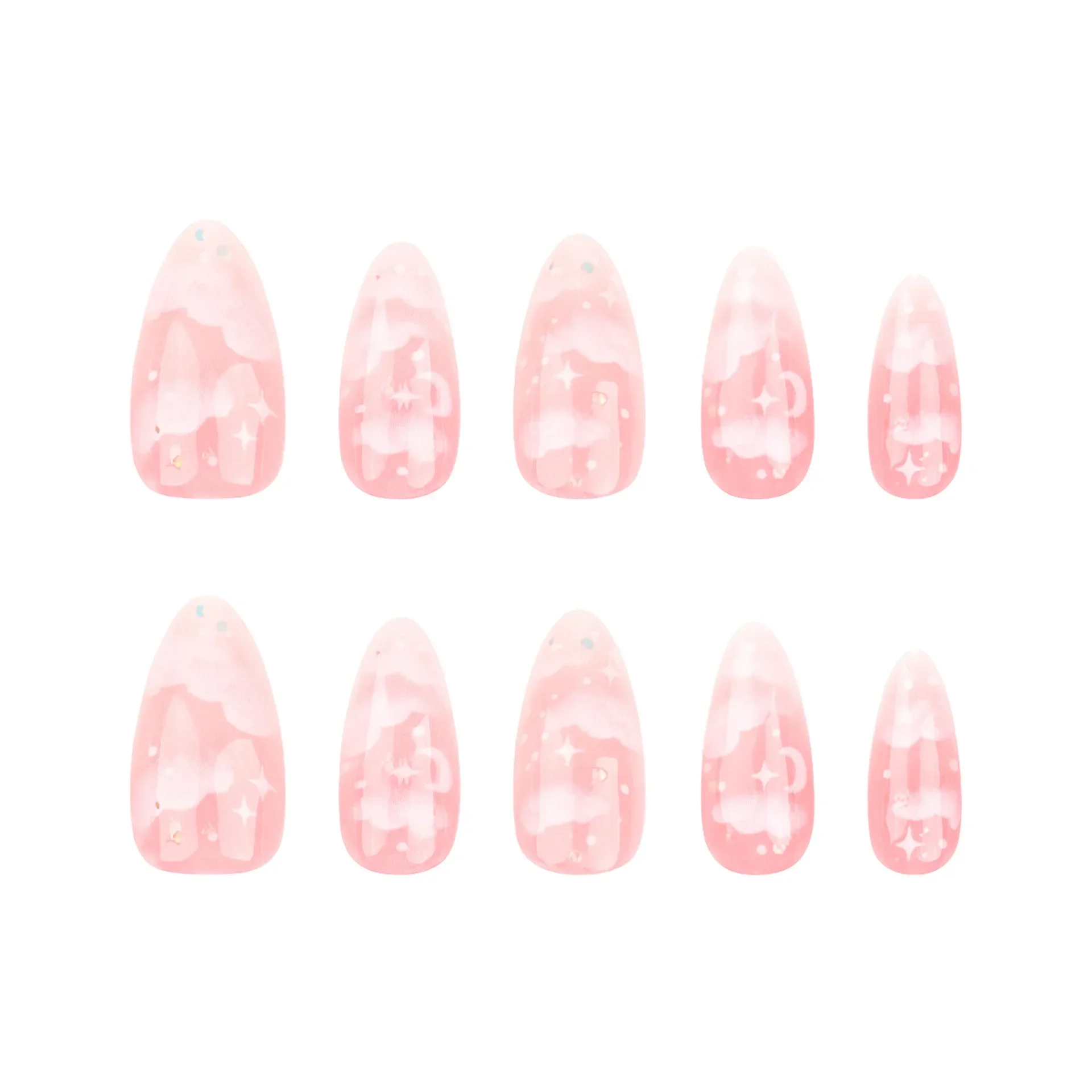 24Pcs Pink Cloud Sweet Star Moon Acrylic Nails Press on Almond Wearable Full Cover False Nails Art Tips Fingernail Beauty