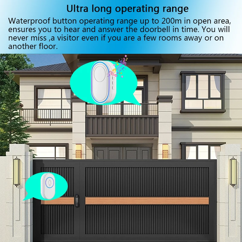 Timbre inalámbrico IP65 para exteriores, timbre de puerta inteligente para el hogar, Kit de timbre LED de visión nocturna fluorescente, alarma de
