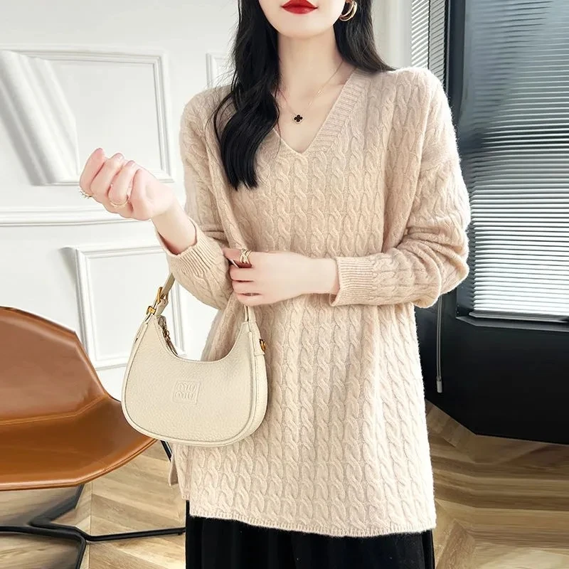 

Fashion Women's Knitted Sweater Pullover 2026 Spring Autumn V-neck Medium Long Loose Versatile Knitwear Bottoming Shirt
