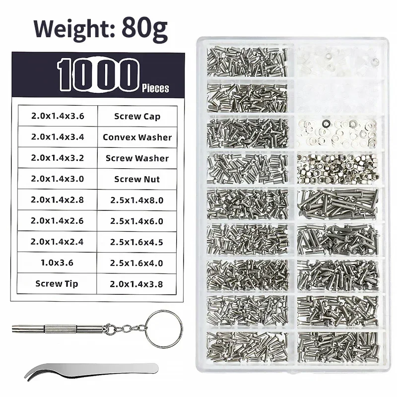 

1000PCS/Box Glasses Watch Phillips Repair Screws Nuts Kit Box, Home Watch Repair Tool, 18 Kinds of Combination Micro Screw Sets