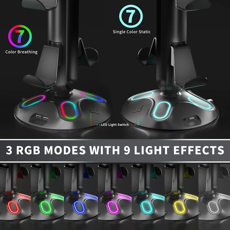 Gaming RGB Headphone Stand Controller Holder With 2 USB Charging Ports And 3.5Mm & Type-C