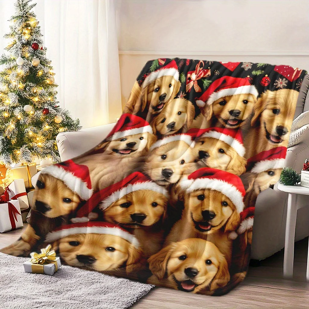 Weihnachts-Flanelldecke mit Golden Retriever-Motiv – weich, 200–250 g |   Ganzjahres-Wurf, maschinenwaschbar, für Zuhause, Büro, Camping, Reisen
