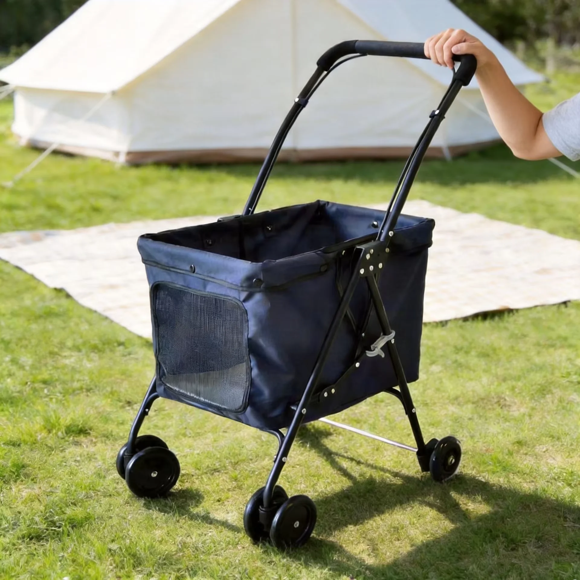 Outdoor Camping Folding Pushcart 120lbs Capacity Steel Frame Removable Waterproof Canvas Bag and Brakes for Grocery Laundry
