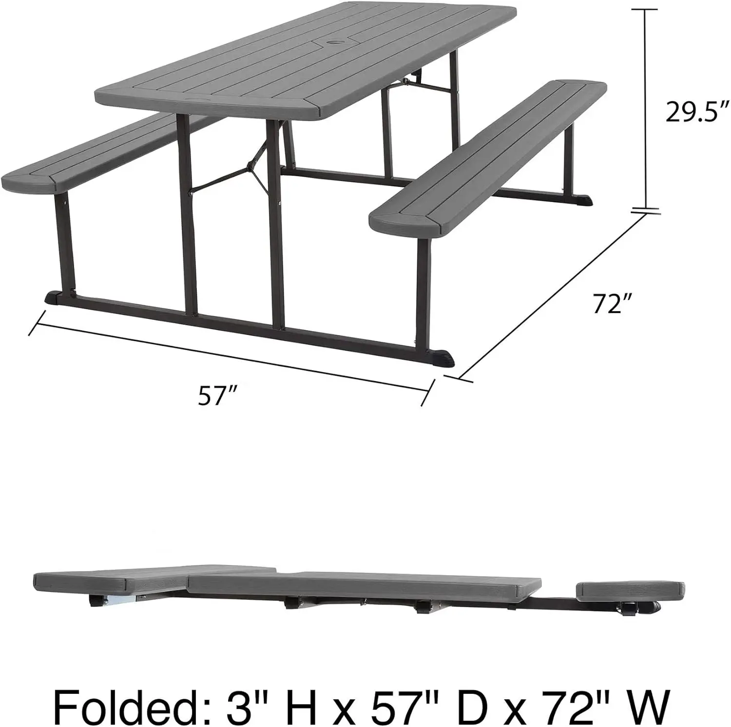 Outdoor Living 6 ft. Folding Picnic Table, Dark Gray Wood Grain Resin with Gray Steel Legs