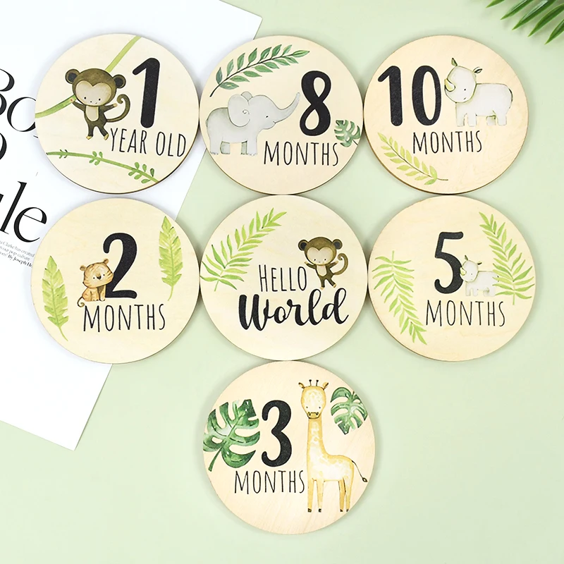 아기 월별 마일스톤 카드 표지판, 정글 동물 테마, 신생아 사진 소품, 소년 소녀 베이비 샤워 선물 용품, 7 개
