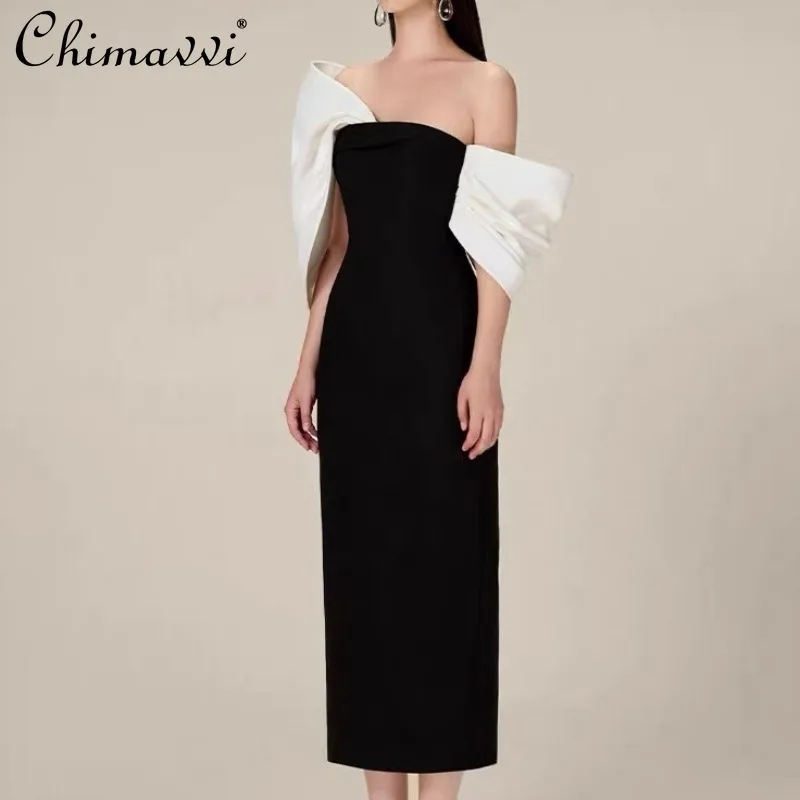 2025 Vietnam Spring and Autumn Design New Big Bow High Waist Tube Top Black White Color Matching Hip Straight Dress For Women