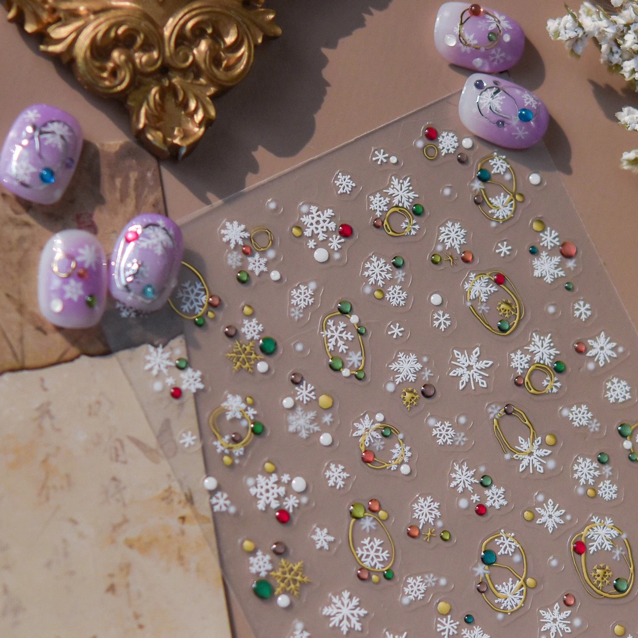 겨울 눈송이 금색 은색 라인 젤리 볼 별 고양이 사슴 사과 하트 리본 눈사람 크리스마스 트리 네일 아트 스티커 데칼