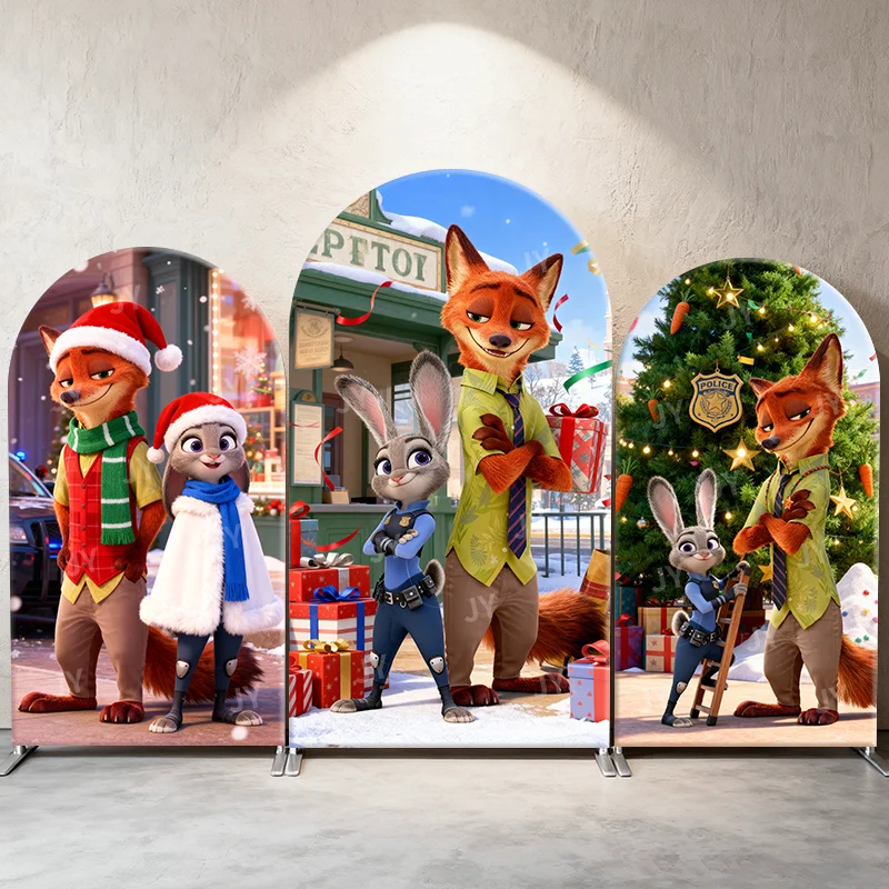 

Christmas Zootopia Arch Backdrop Cover Nick & Judy Theme Party Decoration Cartoon Photo Booth Background Kids Birthday Supplies