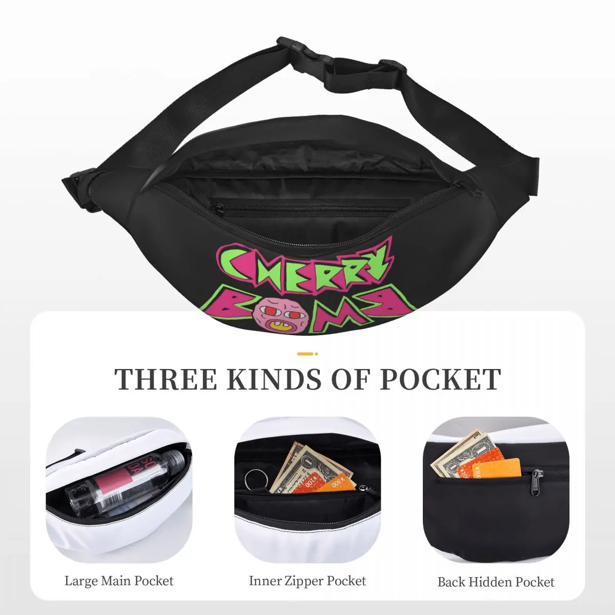 Unisex Waist Pack para viagem curta, Sling Crossbody Bags, Waist Pack, Cherry Bomb, Multifunções