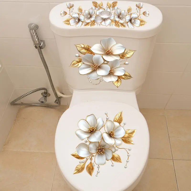 Keine Kleberückstände, Goldperlen-Blumen-Toilettenaufkleber, wasserdicht, selbstklebend, luxuriöser Aufkleber für die Badezimmerrenovierung – Detail 4